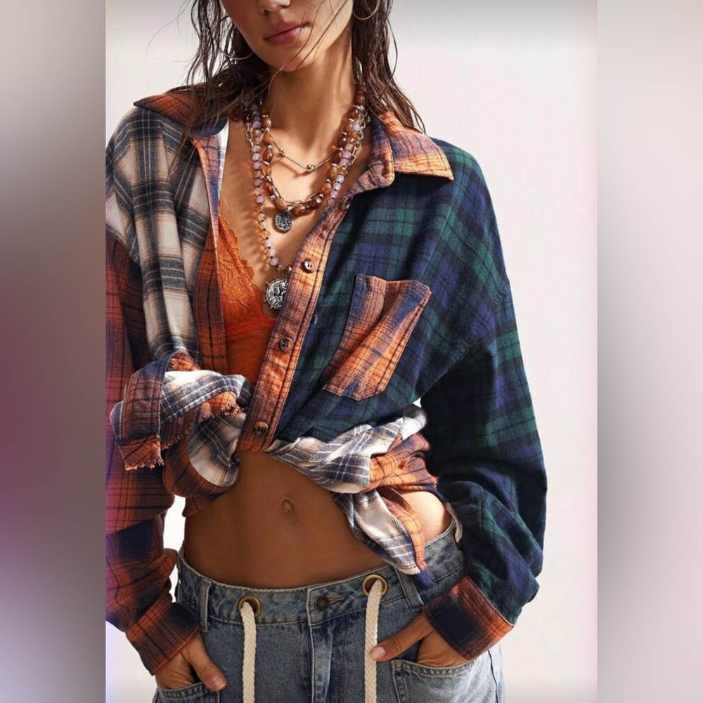 Plaid Patchwork Button-Up Shirt NWT - image 7